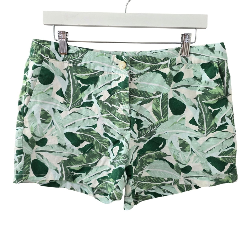 Saint Tropez West Shorts Women 8 Multi Green Tropical Palm Leaf Linen Blend EUC